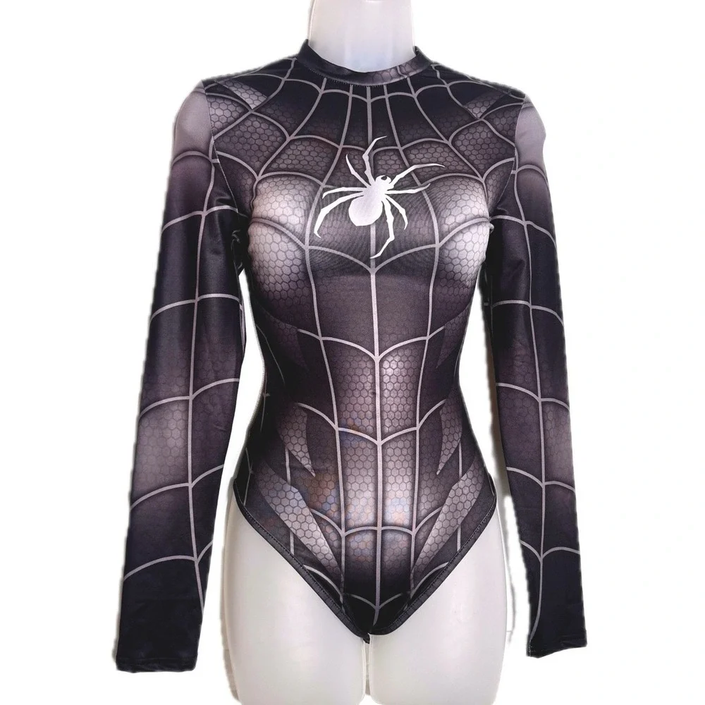 New Small Black‎ Spider Web Long Sleeve Bodysuit Spiderman Superhero Costume